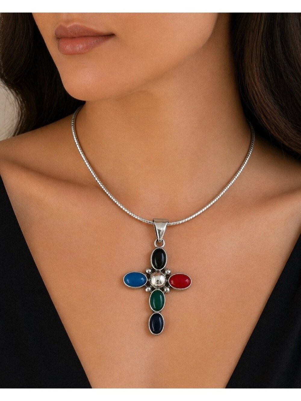 VTG Sterling Silver Cross Necklace Mexico 925 Multi Stone Omega Chain Italy